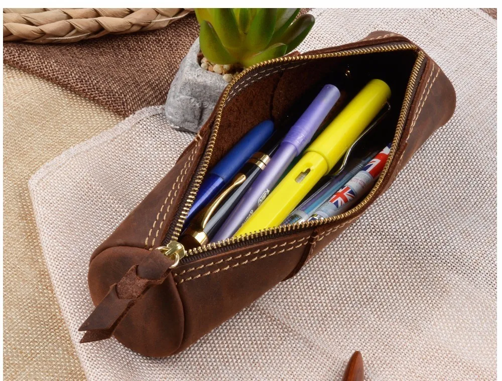 Genuine Leather Zipper Pen School Vintage Product Creative Pencil Stationary Model Trinodal Retro Handmade Bag Style