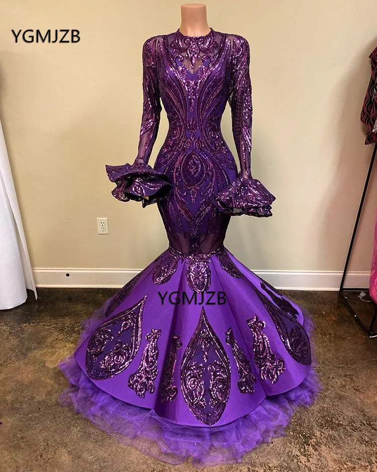 

Purple Mermaid Prom Dresses 2020 Sparkle Sequin Black Girls Long Sleeveve with Ruffles African Elegant Formal Evening Gowns
