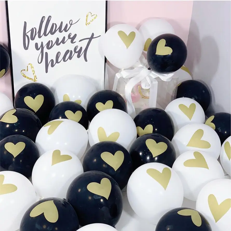 

10pcs/lot Heart balloons black white pink balloons with golden glitter heart printing for Birthday hen party Wedding Balloons