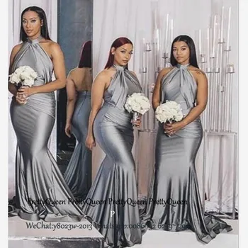

Silver Grey Mermaid Bridesmaid Dresses For Women Halter Vestido Madrinha Long Sweep Train Wedding Guest Dress Party Gown
