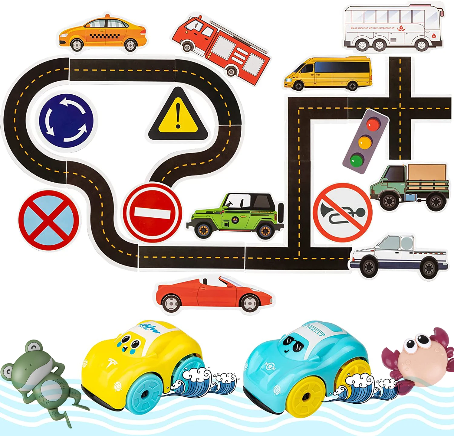 

Flexible Road Track Car Stick Bath Toy Kid Bathroom Bathtub EVA Paste Early Education DIY Sticker Puzzles Float Wind-up Car Toys