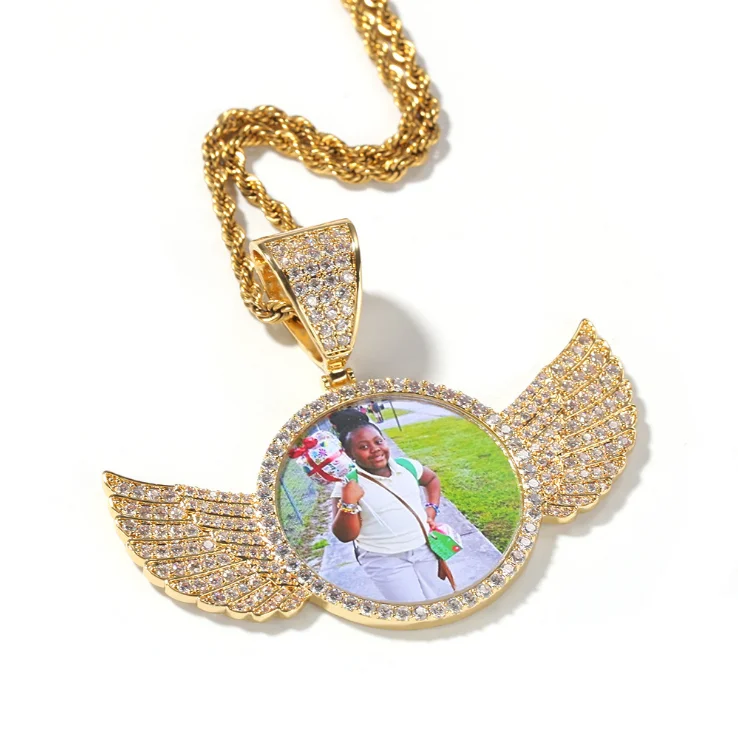 Golden Custom Made Photo With wings Medallions Necklace & Pendant 4mm Tennis Chain Cubic Zircon Men's Hip hop Jewelry Solid Back