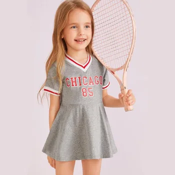 

ZSIIBO girls dress children's clothing children's tennis dress girls print letters short-sleeved V-neck sports children's
