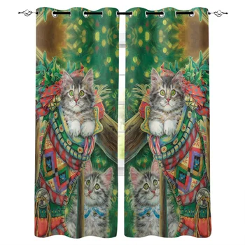

Cute Kitten In Christmas Stocking Window Curtains LivingRoom Kitchen Curtains Left and Right Biparting Open