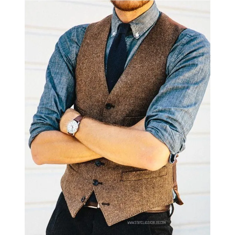 Brown-Wool-Herringbone-Tweed-Vests-Slim-Mens-Suit-Vests-Custom-Made-Sleeveless-Suit-Jacket-Mens-Dress