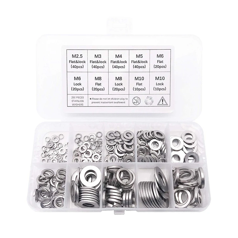 

LIXF 260-Pcs (7-Size) Steel Flat Washer and Lock Washer Assortment Set - Size Included: M2.5 M3 M4 M5 M6 M8 M10