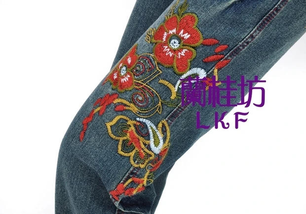 Free Shipping 2021 New Fashion long Pants National Trend Embroidered Jeans Women Trousers Wide Leg Pants Plus Size 26-32 Spring