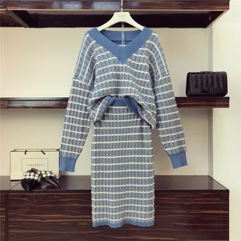 

New Women's Knitted Hit Color Plaid Sweater Set Fall Winter Loose Full Sleeve Pullover Jumper Tops + Pencil Suits Two Piece Set