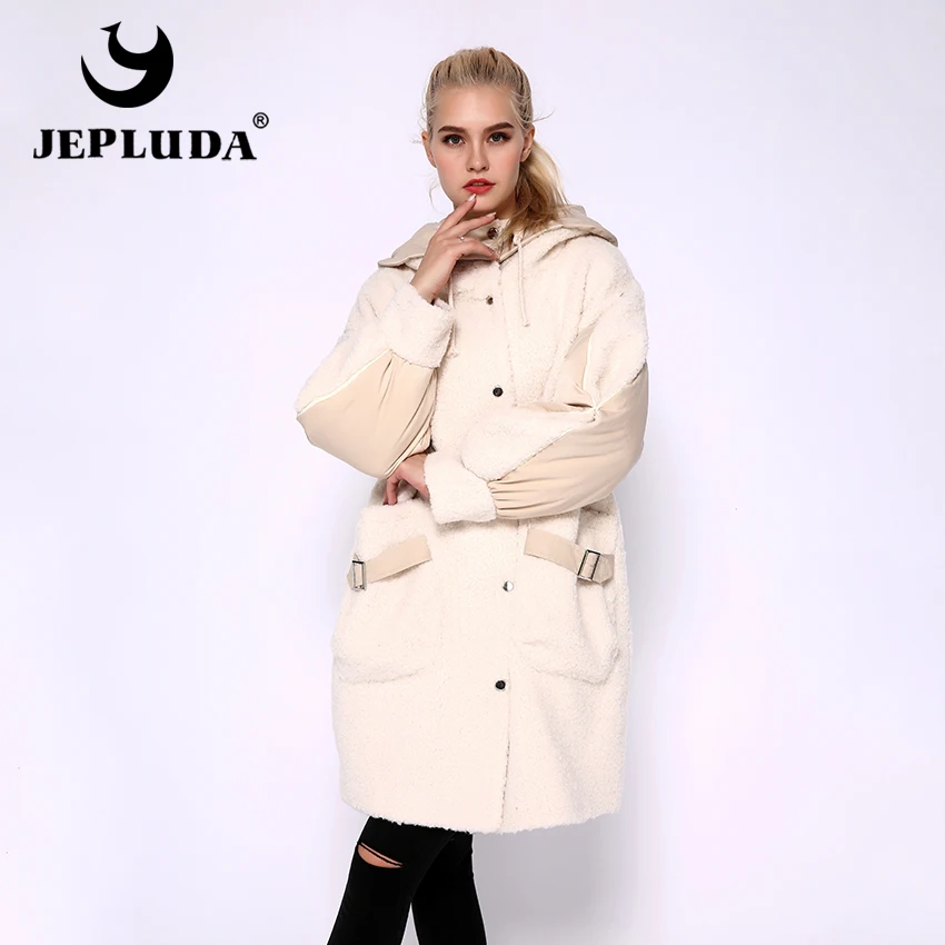 

JEPLUDA New Fashion Winter Coat Women Cotton Teddy Bear Wool Blends Mashup Real Fur Jacket Loose Warm Real Fur Coat Women Winter