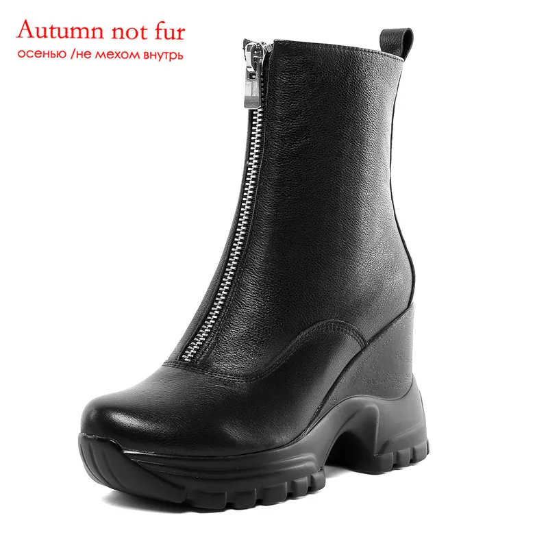black not fur MORAZORA/ г., Новое поступление, женские ботильоны обувь из натуральной кожи осенне-зимние женские ботинки на платформе с круглым носком на молнии - Цвет: black not fur