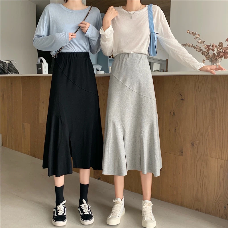 

New Womens Mid-Length Skirt Solid Color Ladies A-Line High-Waist Fishtail Skirts Casual Sweet Vintage Female Skirts