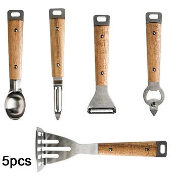 

5 Pieces/Set Cooking Tool Set Stainless Steel Solid Wood Kitchenware Solid Wood Handle Knife And Spoon For Kitchen Cooking