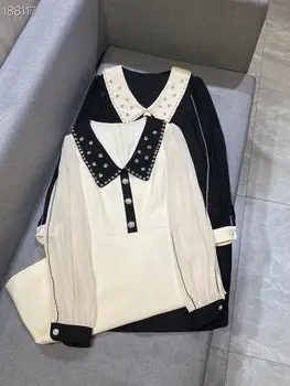 

High Quality 2020 Autumn Runway Mini Dress Color Patchwork Women Turn down Collar Long Sleeves Beading Black / Beige Dress
