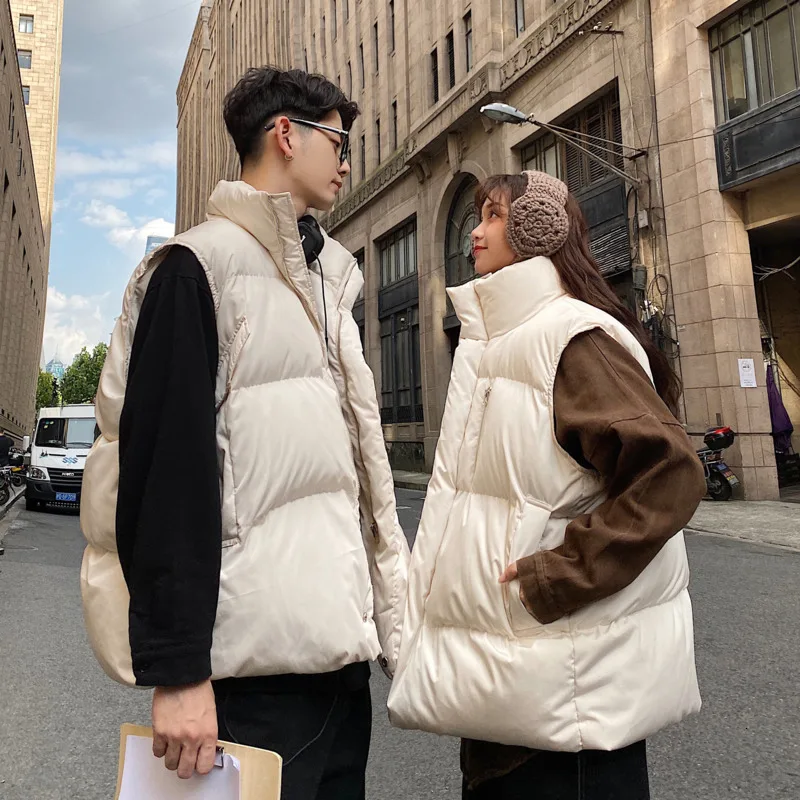 

Winter Cotton Jacket Men's Warm Thick Fashion Solid Color Casual Stand Collar Vest Man Streetwear Loose Couple Gilet Coat