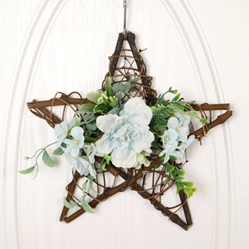 

Artificial Flowers Home Decoration Wall Hanging Camellia Wood Pentagram Pendant Wall Door Hanging Wreaths Ornament