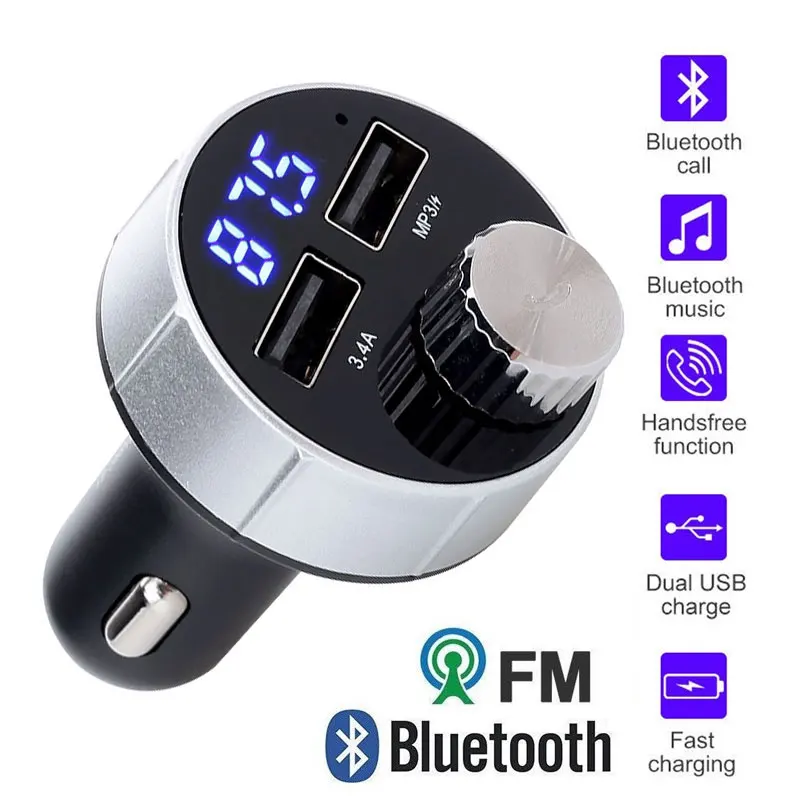 Автомобильное зарядное устройство с двумя usb-портами, fm-передатчик, Aux, Bluetooth, Смарт, громкая связь, вызов, mp3-плеер, многофункциональное воспроизведение TF, fm-передача