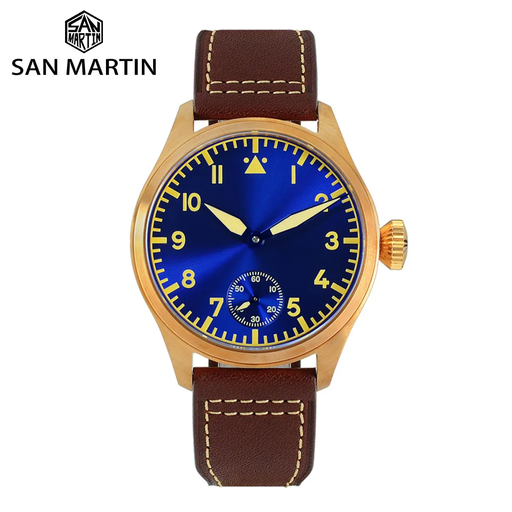 San Martin Bronze Pilot Men's Watch Manual Mechanical Sapphire Leather Strap Luminous Water Resistant See-through Case Back afbeelding