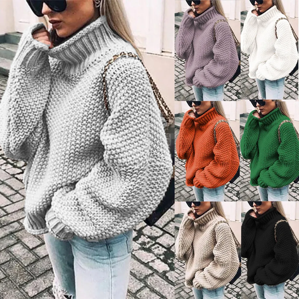 Женский свитер с высоким воротом,, свитер, повседневный вязаный однотонный пуловер с длинным рукавом, вязаный свитер для женщин