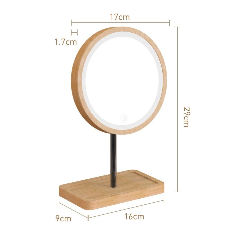 Дешево Деревянный Настольный светодиодный зеркало для макияжа с зарядкой от usb на 360 градусов, Регулируемый яркий рассеянный светильник с сенсорны...