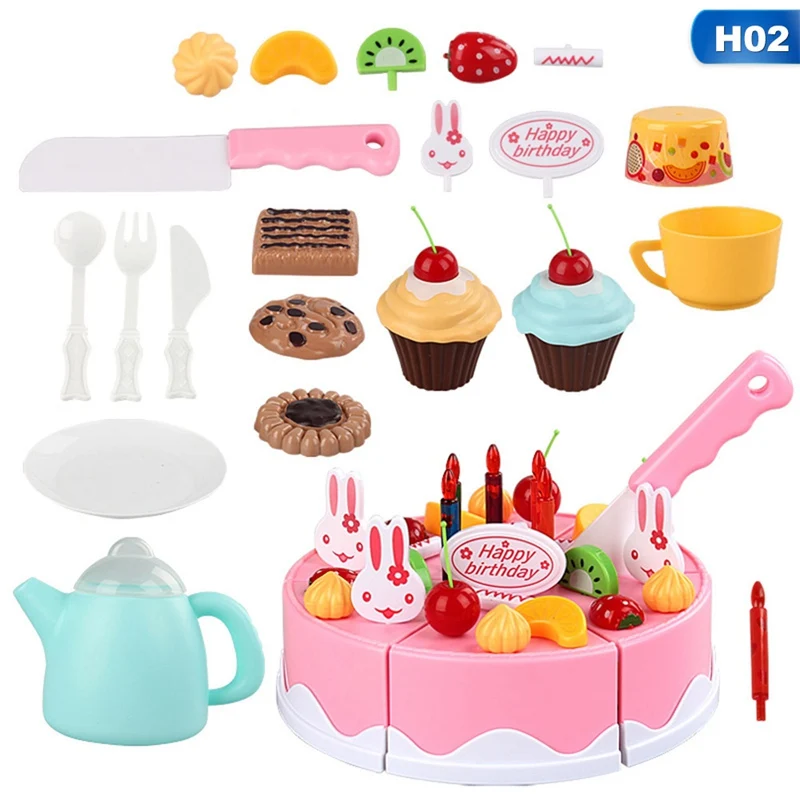 H02 54PCS 37-75 шт DIY ролевые игры фрукты разрезание торта ко дню рождения кухонная игрушечная еда Cocina De Juguete игрушка розовый синий подарок для девочек для детей - Цвет: H02 54PCS