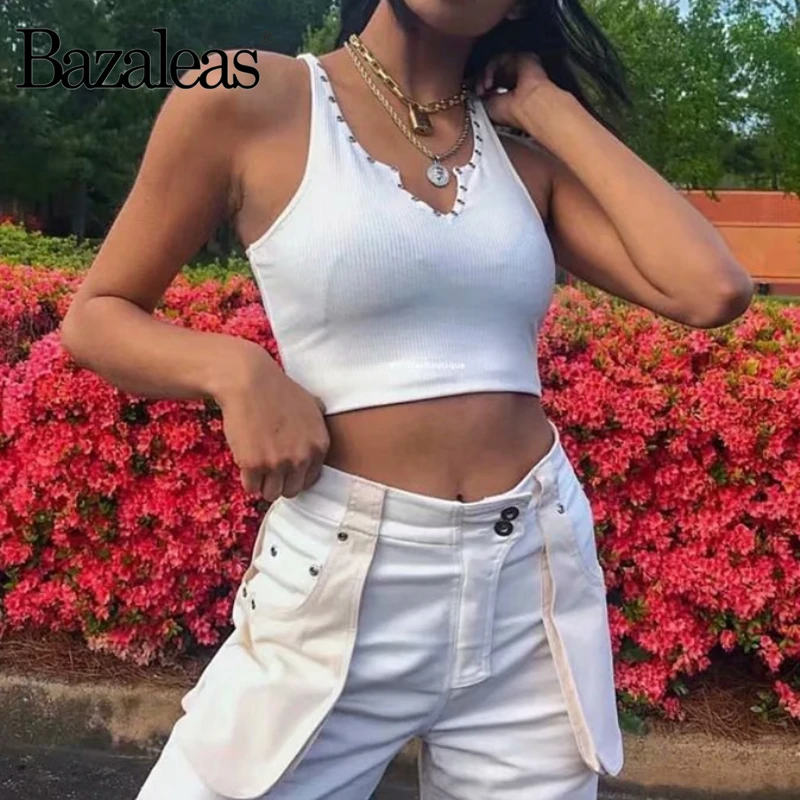 

Bazaleas Streetwear Retro V Neck Buttons Sexy Crop Top Vintage Knitted Women Camis White Punk Women Tank Top drop shipping
