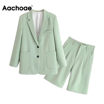 

Aachoae Casual Green Color 2 Piece Blazer Set Women Notched Long Sleeve Office Blazer+pleated Loose Straight Pants Female