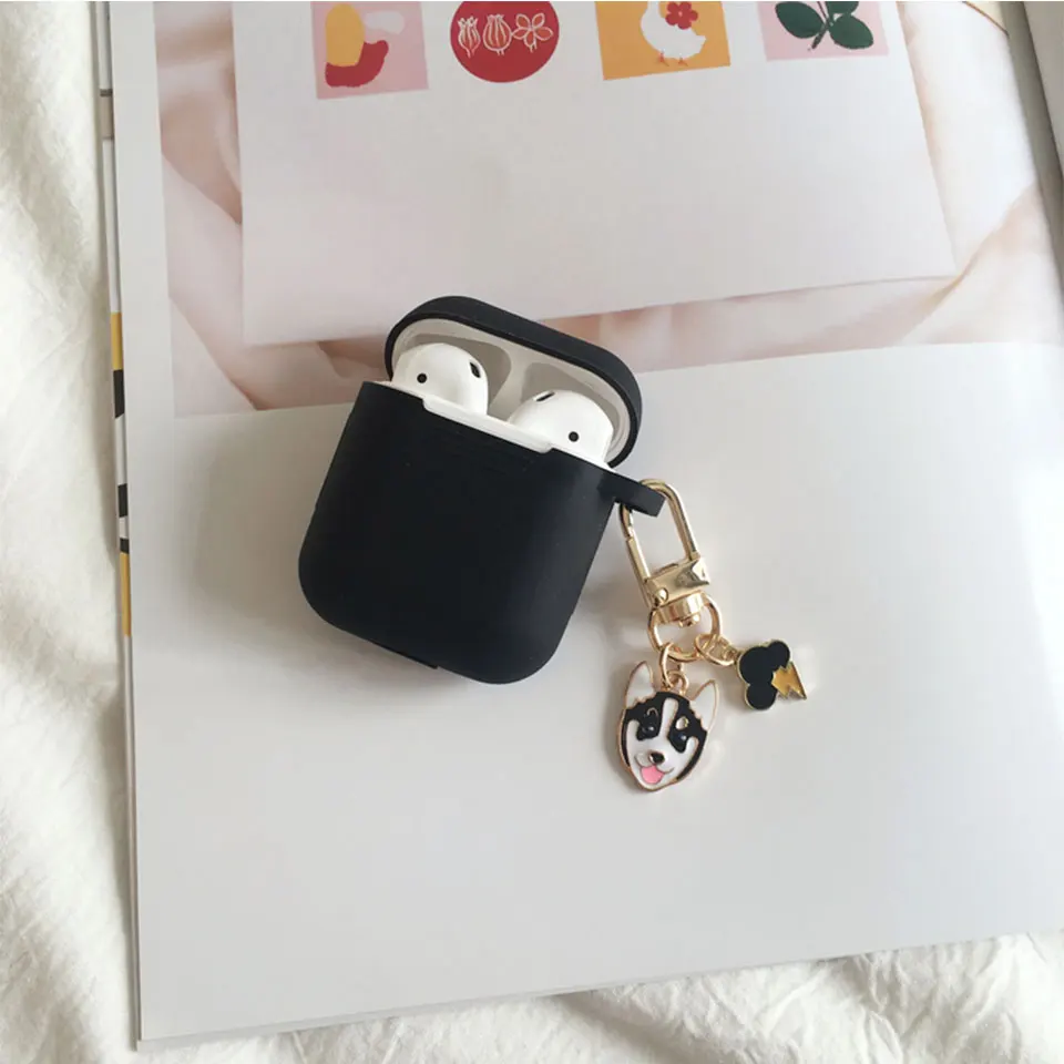 Силиконовый чехол с милыми собачьими сердцами для Apple Airpods 1 2 Аксессуары bluetooth наушники чехол коробка Беспроводная сумка для наушников крышка брелок - Цвет: Черный