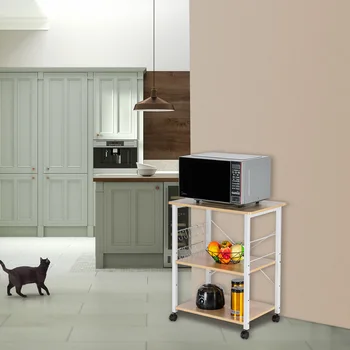 

Portable Kitchen Cart Featuring an Openwork , White -finished Base with Two Tiers of Shelving with 10 Little Hooks White & brown