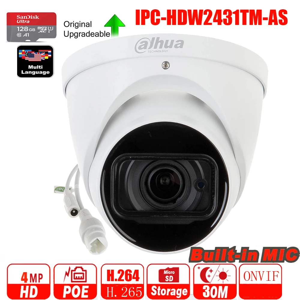 Разные языки оригинальная сетевая IP камера Dahua IPC HDW2431T AS POE 4 МП Starlight встроенный