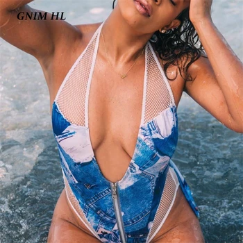 

GNIM Sexy Deep V Neck Swimwear Women One Piece Mesh Print Bikini Mujer 2020 Summer Bandage Backless Brazilian Swimsuit Biquinis