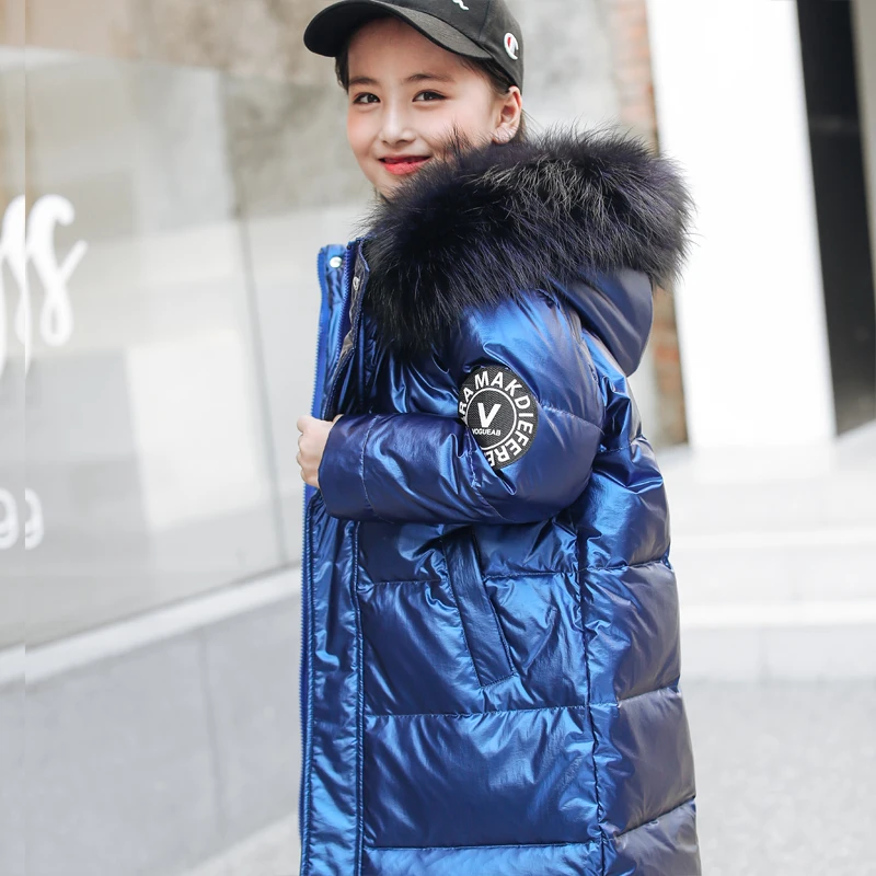 HSSCZL Girls down jackets brand winter thicken natural fur collar outerwear overcoat fashion kids children's clothing 6-14Y