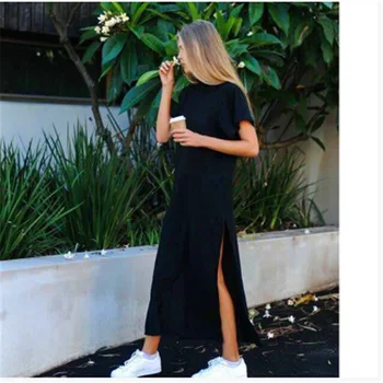 

Spring and Summer Women's Casual Long Fork Solid Color Dress Round Neck Bottoming Loose Short Sleeve Dress Large Size Comfortabl