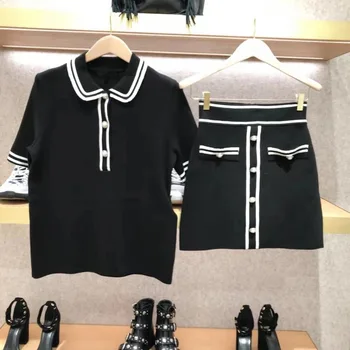 

Women Sweater 2019 Autumn / Winter New College Wind Splice Strip Women Knit Top + Knit Skirt Sweater Women