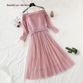 

women's autumn winter clothing Dress 2020 new lace sweater with gauze skirt sling base skirt suit skirt