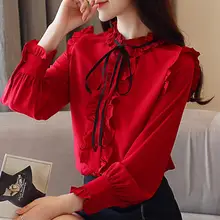 Осеннее Новое поступление высокое качество горячая распродажа Корейская женская шифоновая блузка со стоячим воротником и оборками с длинным рукавом