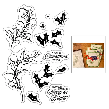 

2020 New Christmas Leaves Sentiment Word Clear Stamps and Ilex cornuta Metal Cutting Dies For Scrapbooking Greeting Card Making