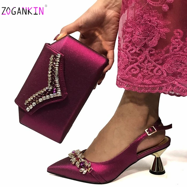 Magent Colors Gorgeous Women Shoes Bag Set For Wedding Lady Heels Matching  Purse