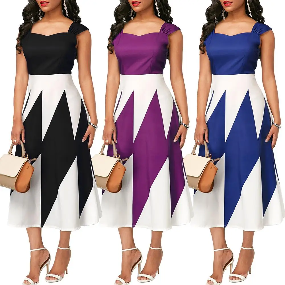 

Party Women Color Block Square Neck Sleeveless High Waist A-Line Midi Dress