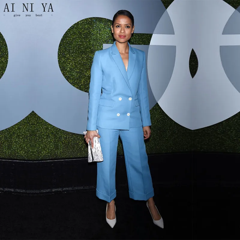 

New womens business suits light sky blue double breasted elegant ladies trouser suits slim fit office uniform women's tuxedo