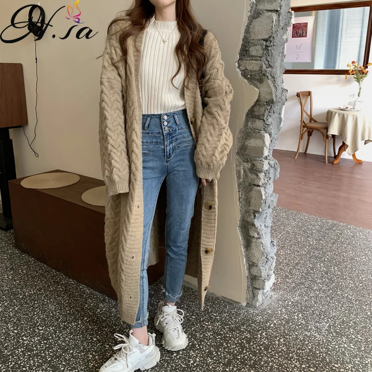 Hsa зимний длинный свитер кардиганы для женщин свободная верхняя одежда осенний
