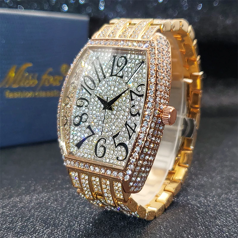 MISSFOX Ceas de aur pentru bărbați, ceasuri hip-hop bling bling tonneau cu cuarț pentru bărbați mari, impermeabil, ceas de mână Millerable_voghion.com
