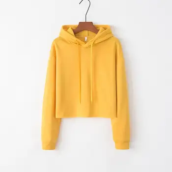 

Women's Loose Long-Sleeve Hooded Solid Color Open Navel Fleece Casual Short Sweatshirt