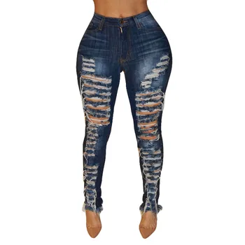 

Women High Waisted Hole Skinny Denim Jeans Stretch Slim Pants Calf Length Jeans
