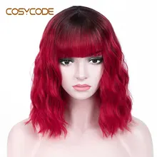 COSYCODE красный парик с челкой короткий волнистый боб парик 12 дюймов натуральная волна кудрявый женский парик некружевной Синтетический Косплей парик костюм 30 см