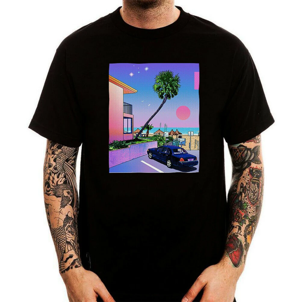Neu футболка Grobe S до 3Xl Ретро пляж Драйв Майами Vaporwave фиолетовый закат Забавный