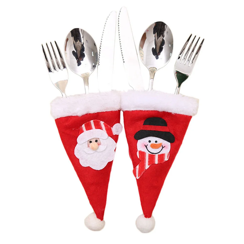 Santa Hat Reindeer Christmas New Year Pocket Fork Knife Cutlery Holder Bag Home Party Table Dinner Decoration Tableware