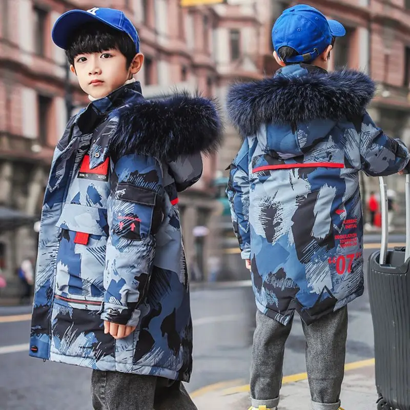 LISUEYNE Big Boys Hood Down Coat Winter Parka with Fur Kids Winter Jacket Mid-Long Down Coats