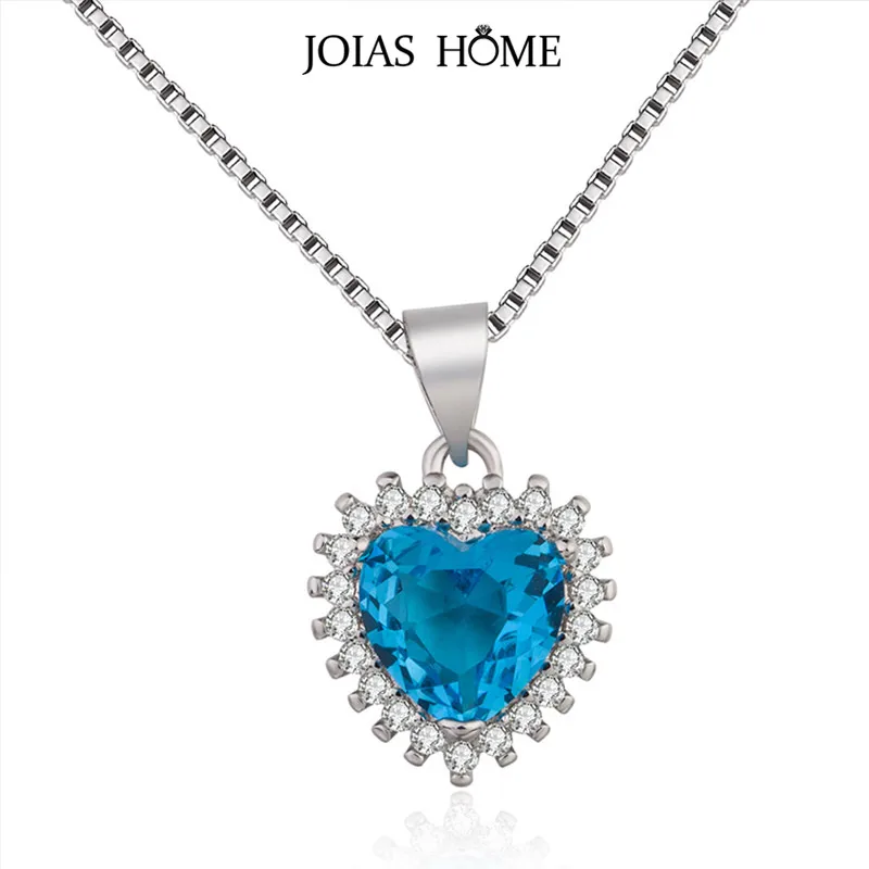 

JoiasHome 925 sterling silver Korean Necklace For Woman Aquamarine Heart Pendant with 40cm Necklace Fashion Jewellery