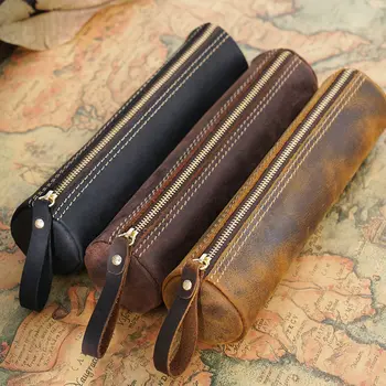 

6 Pcs Per Set Retro Genuine Leather Storage Pencil Case First Layer Horse Leather Handmade Students Stationery Storgage Bag