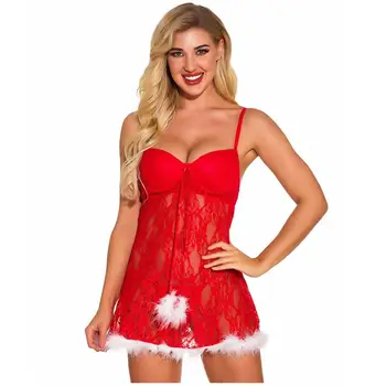 

Christmas Sexy Lace Nightdress For Women Fashion Backless Sleeveless Red Sleepwear With Thong Lenceria Mujer 2020 New Hot Sale E